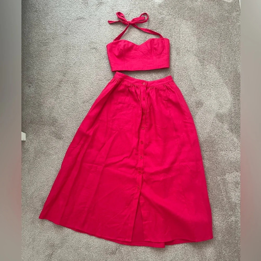 Reformation Orzo Linen Two Piece Midi skirt and top pink size 0